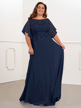 ブライダル マザー ドレス バトー ネック 半袖 A ライン ビーズ シフォン ネイビー ブルー ロング ウェディング ゲスト ドレス