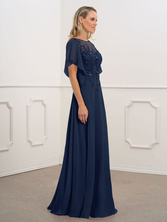 ブライダル マザー ドレス バトー ネック 半袖 A ライン ビーズ シフォン ネイビー ブルー ロング ウェディング ゲスト ドレス