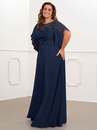 ブライダル マザー ドレス バトー ネック 半袖 A ライン ビーズ シフォン ネイビー ブルー ロング ウェディング ゲスト ドレス