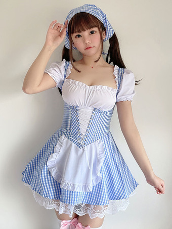Vestido Lolita OP doce azul bebê com cordões xadrez xadrez com babados vestidos de uma peça só