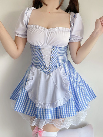 甘いロリータOPドレスベビーブルーレースアップチェック柄フリルメイドロリータワンピースドレス