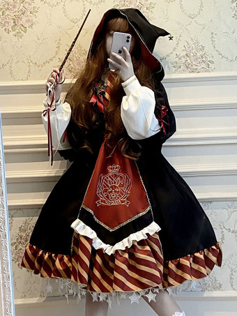 Academic Lolita OP Dress Conjunto de 2 piezas Black Lace Up Manga larga Lolita Vestidos de una pieza Cloak Mage Lolita Outfits