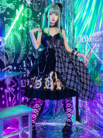 Steampunk Lolita JSK Vestido sin mangas Detalles de metal PU Cuero Negro Plaid Lolita Jumper Faldas