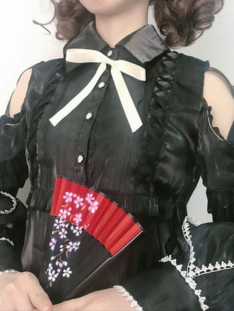 ブラック 甘いロリータブルーズポリエステルレースアップ長袖カジュアルトップライトアプリコットロリータシャツ