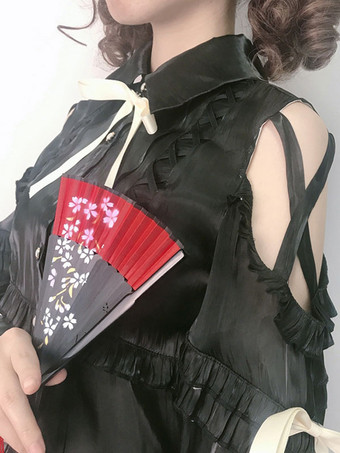 甘いロリータブルーズポリエステルレースアップ長袖カジュアルトップライトアプリコットロリータシャツ