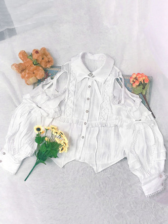 甘いロリータブルーズポリエステルレースアップ長袖カジュアルトップライトアプリコットロリータシャツ