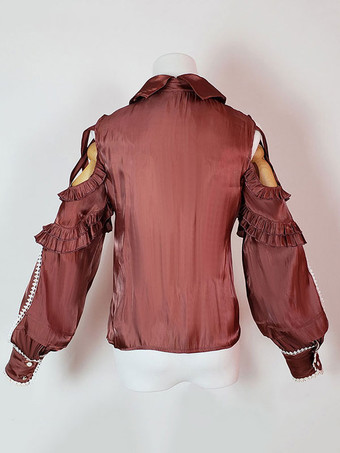 甘いロリータブルーズポリエステルレースアップ長袖カジュアルトップライトアプリコットロリータシャツ