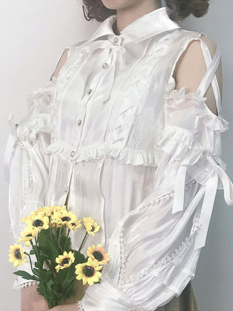 ホワイト 甘いロリータブルーズポリエステルレースアップ長袖カジュアルトップライトアプリコットロリータシャツ