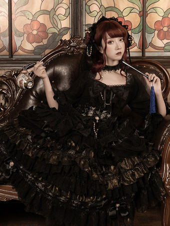 ゴシックロリータOPドレス ブラック ポリエステル 長袖 お茶会 魔女レース ロリータワンピースドレス