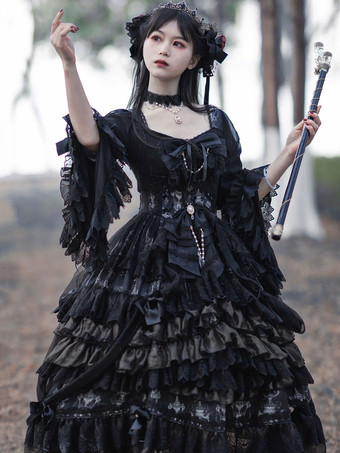 Vestido gótico Lolita OP Negro Manga larga Poliéster Fiesta del té Bruja Encaje Lolita Vestido de una pieza