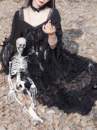 ゴシックロリータOPドレス ブラック ポリエステル 長袖 お茶会 魔女レース ロリータワンピースドレス