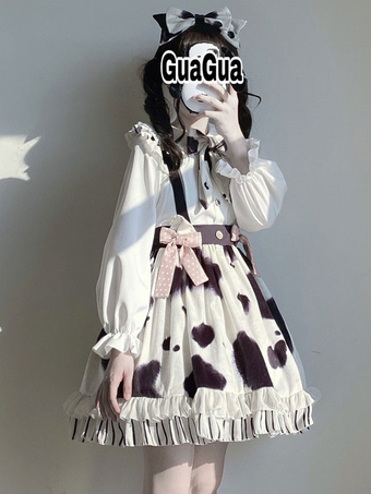 Doux Lolita SK blanc Bowknots motif de vache Polyester sans manches quotidien jupes Lolita décontractées
