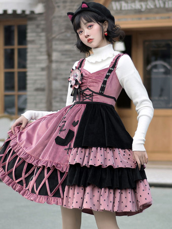 Sweet Lolita JSK Dress Pastèque Rouge Polyester Sans Manches Filets À Pois Jupes Lolita Jumper