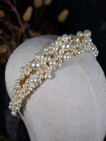 ゴールデンヘアバンドヘッドピースウェディングパールブライダルヘアアクセサリー