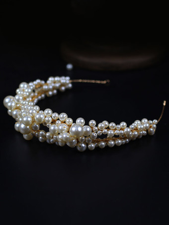 ゴールデンヘアバンドヘッドピースウェディングパールブライダルヘアアクセサリー