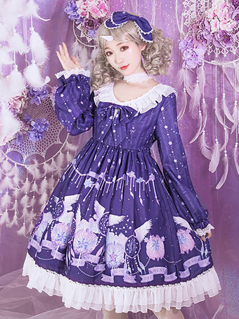 スウィートロリータオプトドレス紫色の長袖ポリエステル弓毎日カジュアルロリータワンピースドレス