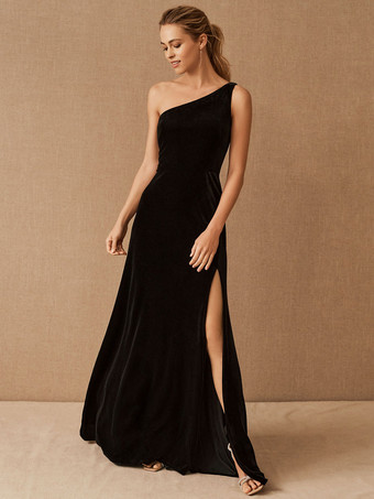 イブニングドレス 2024Aラインワンショルダーベロアフロアレングススプリットフロントフォーマルドレスウェディングドレス ブラック