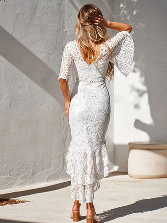 レースドレス バーガンディ ジュエルネック ハーフスリーブ ロング サマー カジュアル ミディドレス ワインレッド