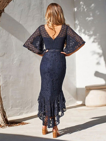 レースドレス バーガンディ ジュエルネック ハーフスリーブ ロング サマー カジュアル ミディドレス ワインレッド