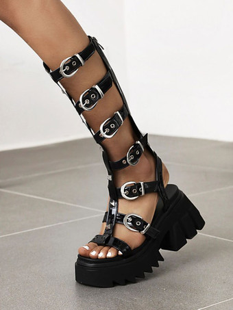 ゴシックロリータサンダルPUレザーブラックデイリーカジュアルロリータサマーフラットブーツ