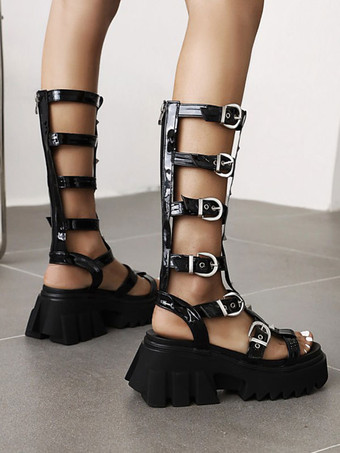 ゴシックロリータサンダルPUレザーブラックデイリーカジュアルロリータサマーフラットブーツ