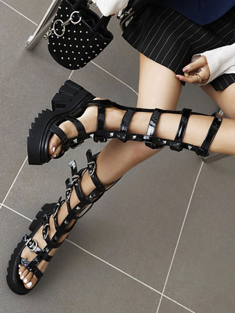 ゴシックロリータサンダルPUレザーブラックデイリーカジュアルロリータサマーフラットブーツ