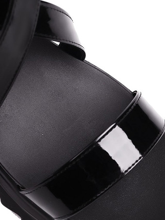 ブラックロリータレースアップサンダルPUレザーデイリーカジュアルロリータサマーヒールサンダル