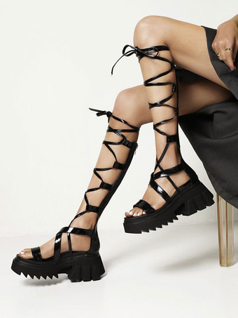 ブラックロリータレースアップサンダルPUレザーデイリーカジュアルロリータサマーヒールサンダル