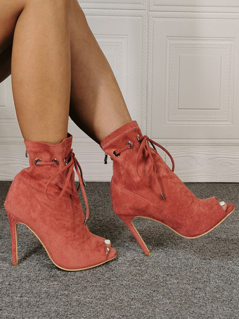 レディースコーラルサマーブーツスティレットヒールピープトウカジュアルヒールブーツ