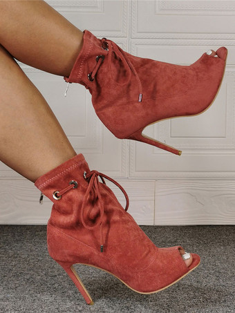 レディースコーラルサマーブーツスティレットヒールピープトウカジュアルヒールブーツ