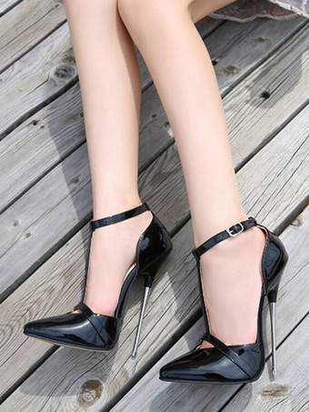 レディースピンクハイヒールマゼンタポインテッドトゥセクシーシューズスティレットヒールPUレザーセクシーアンクルストラップヒール