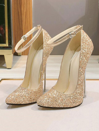 ゴールド レディースレッドハイヒール先のとがったつま先スチレットヒールスパンコールクロスセクシーなアンクルストラップヒール