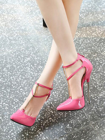 レディースブラックハイヒールマゼンタポインテッドトゥスティレットヒールチェーンセクシーアンクルストラップヒール