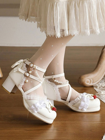 ホワイト ロリータサンダル弓 ラウンドトゥ チャンキーヒール甘いPUレザーピンクロリータサマーアンクルストラップヒール