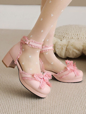 Sweet Lolita Sandals Bows Round Toe Chunky Heel PU Leather Pink Lolita Summer Ankle Strap Heels