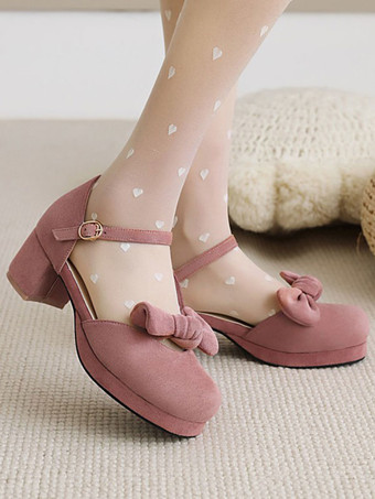 Сандалии Sweet Lolita с бантом и круглым носком на массивном каблуке с монограммой Замшевые розовые туфли в стиле Лолиты с ремешком на щиколотке