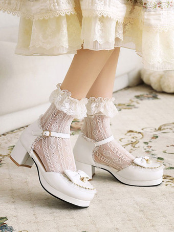 Süße Lolita Sandalen runde Zehen klobige Fersenschleifen PU Leder weiße Lolita Sommer Knöchelriemen Fersen