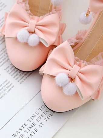 甘いロリータサンダルボウラウンドトゥPUレザーチャンキーヒールデイリーカジュアルピンクロリータサマーアンクルストラップヒール