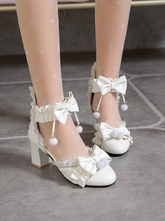 ホワイト 甘いロリータサンダルボウラウンドトゥPUレザーチャンキーヒールデイリーカジュアルピンクロリータサマーアンクルストラップヒール