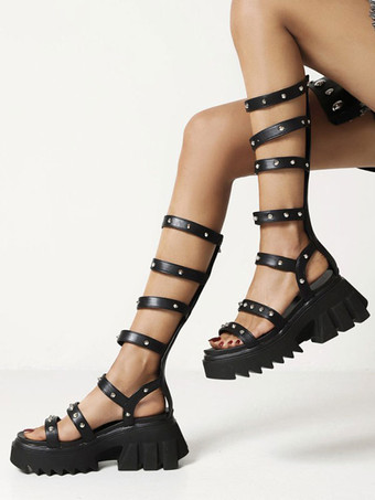 Sandálias femininas planas com rebites preto couro PU Gladiador sandálias