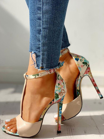 アプリコットレディースイエローハイヒールオープントゥスチレットヒールPUレザーシックカジュアルサマーTストラップヒール