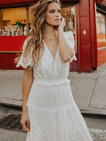 ホワイトマキシドレス 半袖 レースアップリケ Vネック フロア丈ドレス