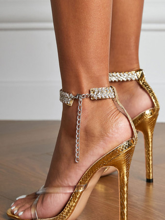 スライバーアンクルストラップヒールラインストーンウエディングヒールサンダルスティレットヒールホームカミングシューズ