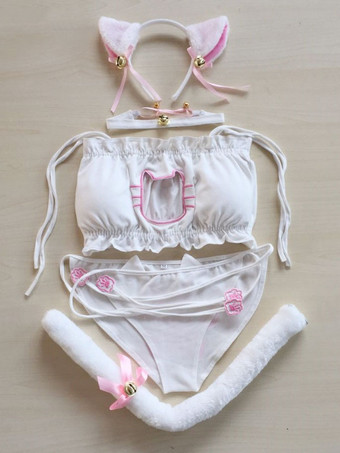 ホワイト 甘いロリータ下着2ピースセットブラックレースアップパンツノースリーブトップキャットコスチューム衣装