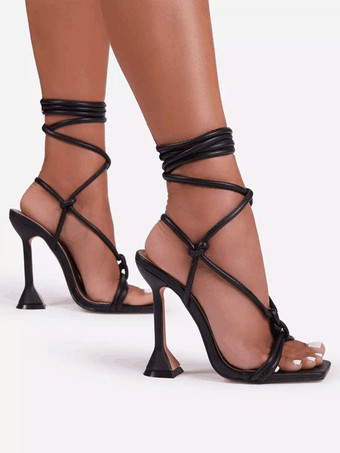 Sandales femme à talon noir en PU à lacets