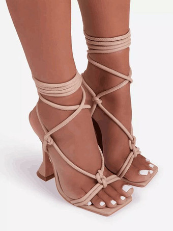 Sandales femme à talon noir en PU à lacets