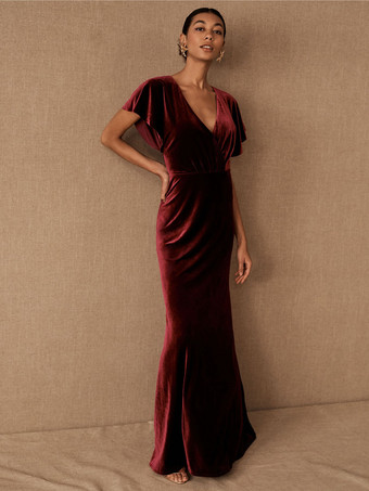 バーガンディーグリーン イブニング Aライン Vネック 半袖 バックレス プリーツ ベロア マキシレングス フォーマル ディナー ウェディング ゲストドレス 自由なカスタマイズ