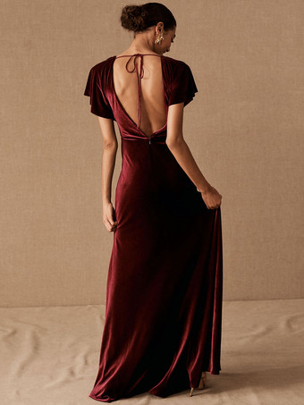 グリーン イブニング Aライン Vネック 半袖 バックレス プリーツ ベロア マキシレングス フォーマル ディナー ウェディング ゲストドレス 自由なカスタマイズ