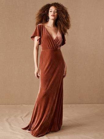 ブラウングリーン イブニング Aライン Vネック 半袖 バックレス プリーツ ベロア マキシレングス フォーマル ディナー ウェディング ゲストドレス 自由なカスタマイズ