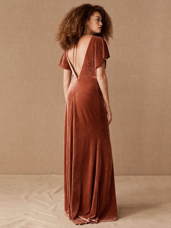 グリーン イブニング Aライン Vネック 半袖 バックレス プリーツ ベロア マキシレングス フォーマル ディナー ウェディング ゲストドレス 自由なカスタマイズ